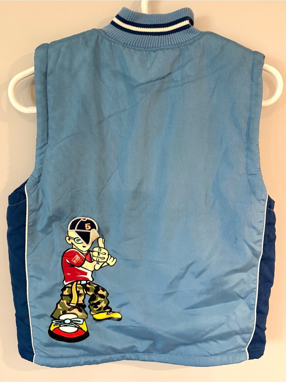 Retro Light Blue Vintage Graphic Puffy Vest with unique Cartoon Patch